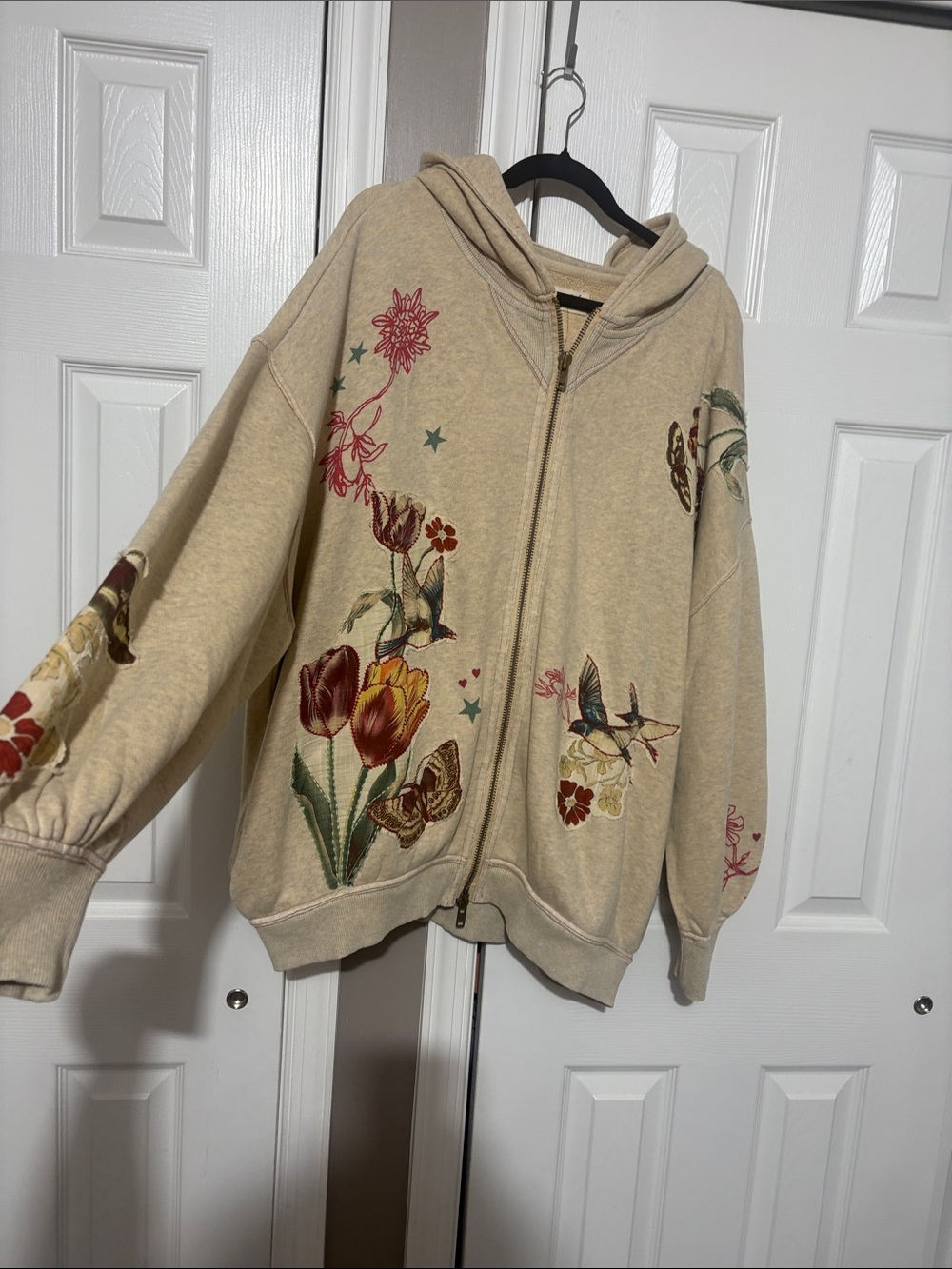 Free People Beige Zip-Up Hoodie with Floral & Bird Embroidery